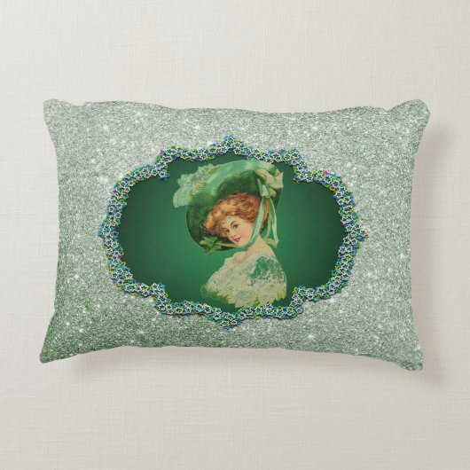 St patricks dayレディーグリーンフレームソフトフェイクグリッター アクセントクッション (裏面)