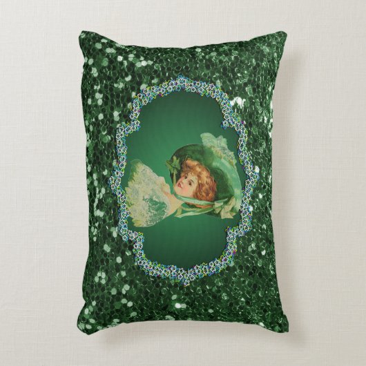 St patricks dayレディーグリーンフレームフェイクグリッター アクセントクッション (正面(垂直))