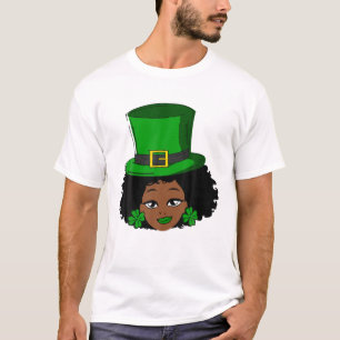 St patricks dayレプレチョーン・アフロ女性シャムロックウォム tシャツ