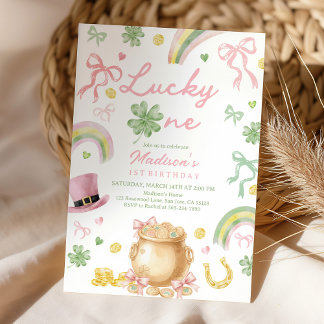 St Patrick's Day 1st Birthday Invitation Pink Bow 招待状