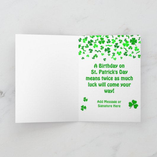 St Patrick's Day Birthday Shamrocks Personalized カード (内部)