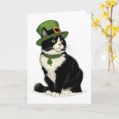 St Patricks Day Cat Leprechaun Shamrock Cat Kitten カード (黄色い花)
