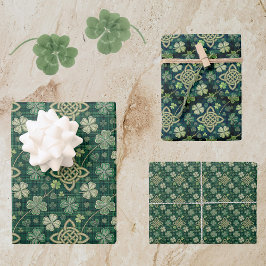 St Patrick's Day Celtic Knot 4 Leaf Clover Plaid ラッピングペーパーシート