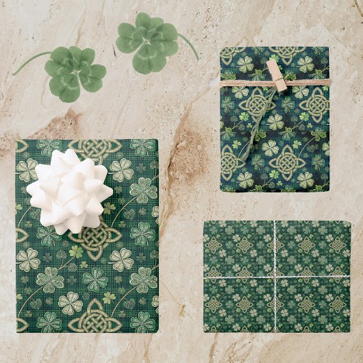 St Patrick's Day Celtic Knot 4 Leaf Clover Plaid ラッピングペーパーシート