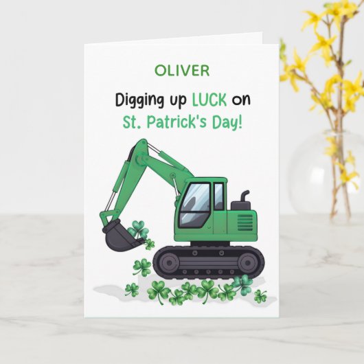 St Patricks Day Construction Excavator Digging Up  カード (黄色い花)