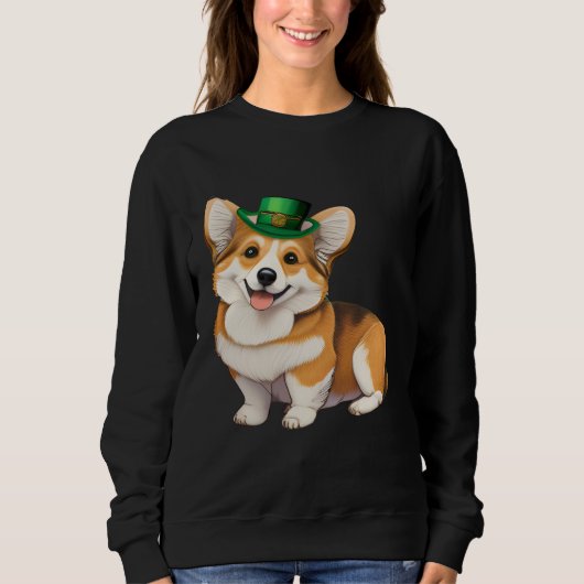 St Patrick's Day Corgi Dog Irish Shamrock Leprecha スウェットシャツ (正面)