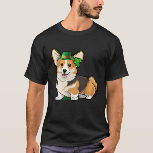 St Patrick's Day Corgi Dog Irish Shamrock Leprecha Tシャツ (正面)