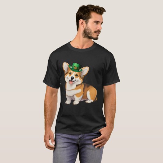 St Patrick's Day Corgi Dog Irish Shamrock Leprecha Tシャツ (正面フル)