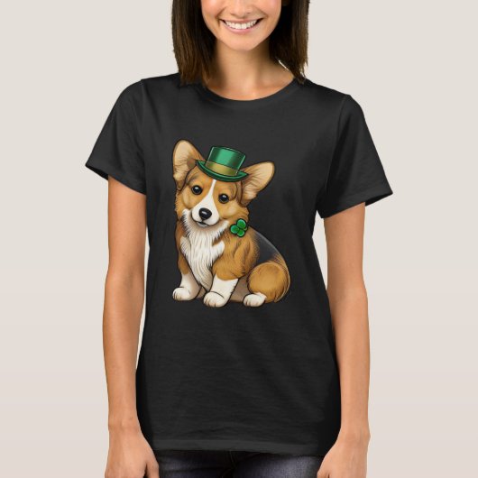 St Patrick's Day Corgi Dog Irish Shamrock Leprecha Tシャツ (正面)