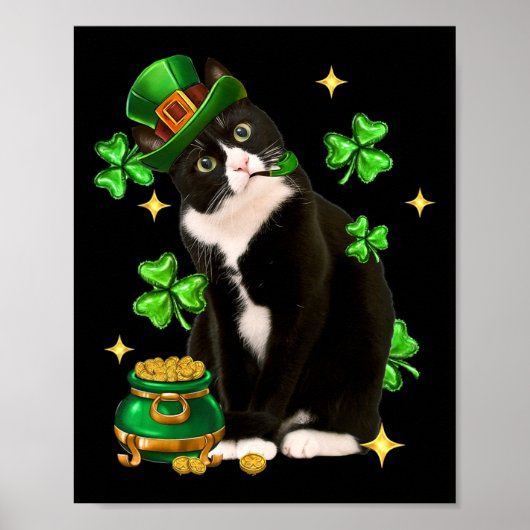 St Patricks Day Cute Tuxedo Cat Shamrock Irish Cat ポスター (正面)