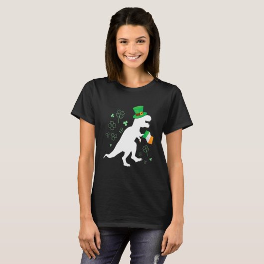 St Patricks day dinosaur t-rex with irish flag for Tシャツ (正面フル)