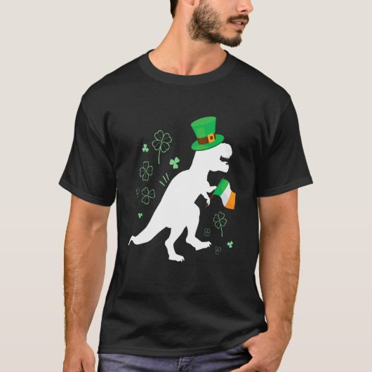 St Patricks day dinosaur t-rex with irish flag for Tシャツ (正面)