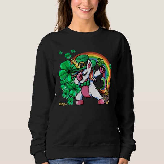St Patricks Day Girls Dabbing Unicorn Leprechaun L スウェットシャツ (正面)