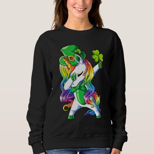 St Patricks Day Girls Dabbing Unicorn Leprechaun L スウェットシャツ (正面)