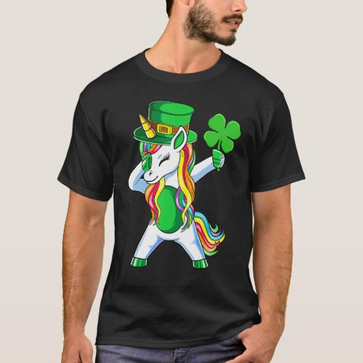 St Patricks Day Girls Dabbing Unicorn Leprechaun L Tシャツ (正面)
