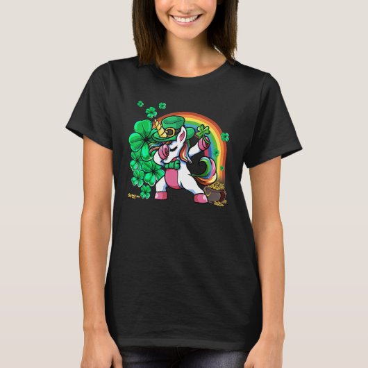 St Patricks Day Girls Dabbing Unicorn Leprechaun L Tシャツ (正面)