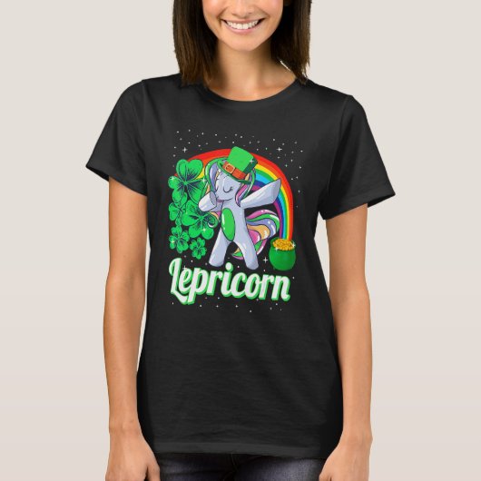 St Patricks Day Girls Dabbing Unicorn Leprechaun L Tシャツ (正面)