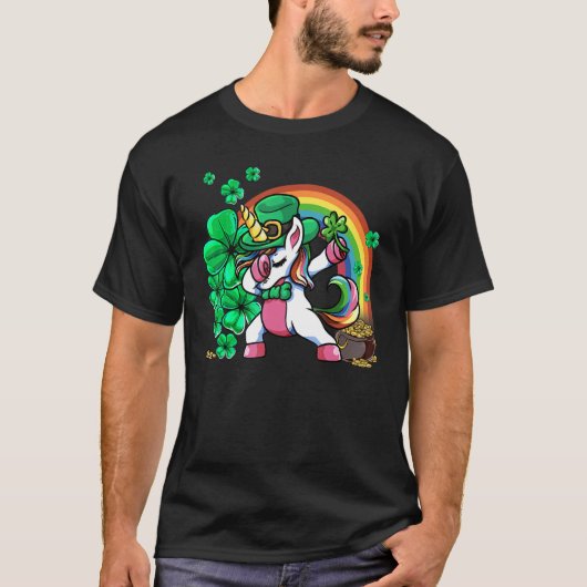 St Patricks Day Girls Dabbing Unicorn Leprechaun L Tシャツ (正面)