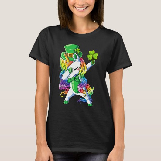 St Patricks Day Girls Dabbing Unicorn Leprechaun L Tシャツ (正面)