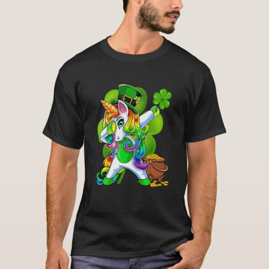 St Patricks Day Girls Dabbing Unicorn Leprechaun L Tシャツ (正面)