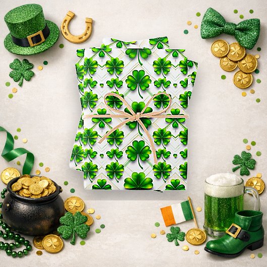 St. Patrick's Day Green Clover Diamond Pattern ラッピングペーパーシート