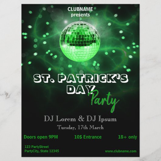 St. Patrick's Day Green Disco Ball Party Flyer チラシ (正面)
