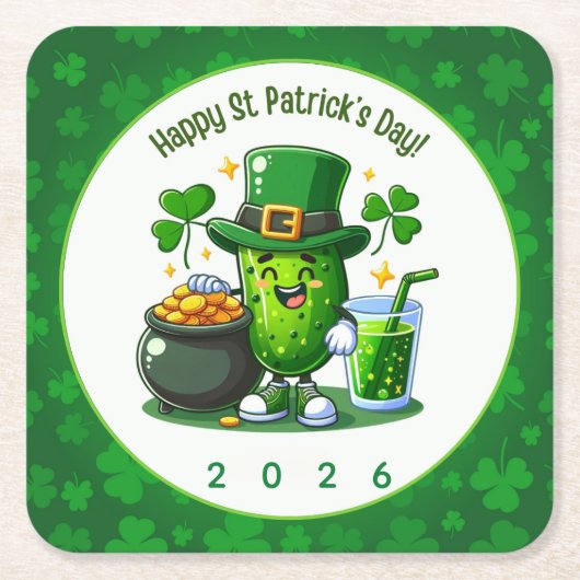 St Patricks Day Happy Pickle スクエアペーパーコースター (正面)