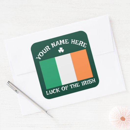 St Patrick's Day Ireland Flag Custom Name Shamrock スクエアシール (封筒)