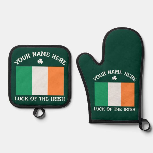St Patrick's Day Ireland Flag Custom Name Shamrock 鍋つかみ&鍋敷きセット (正面)