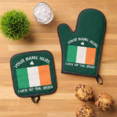 St Patrick's Day Ireland Flag Custom Name Shamrock 鍋つかみ&鍋敷きセット (トップダウン)