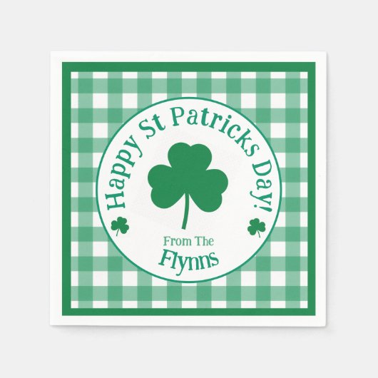 St Patricks Day NAME Irish Clover Green Check スタンダードカクテルナプキン (正面)