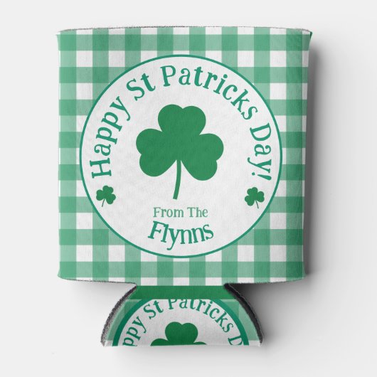 St Patricks Day NAME Irish Clover Green Check 缶クーラー (正面)