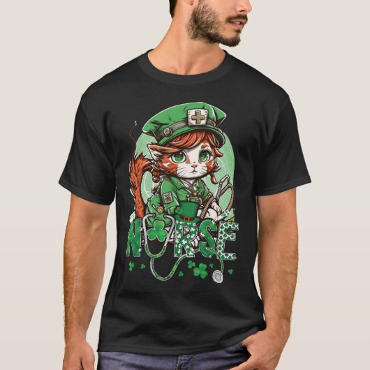 St Patricks Day Nurse Cat Leprechaun Lucky Green P Tシャツ (正面)