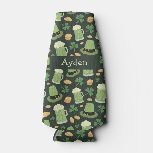 St Patricks Day Pattern Sláinte Funny Green Name ボトルクーラー (正面)