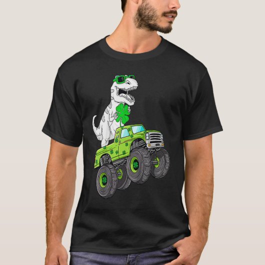 St Patricks Day T Rex Riding Monster Truck Dino To Tシャツ (正面)