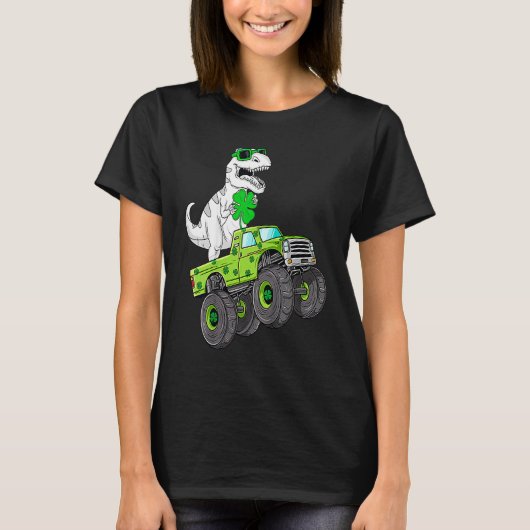 St Patricks Day T Rex Riding Monster Truck Dino To Tシャツ (正面)
