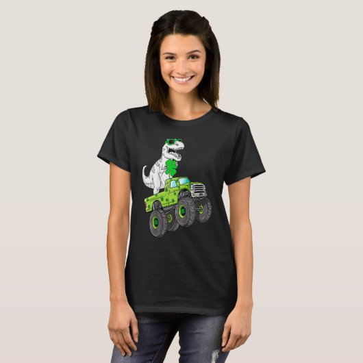 St Patricks Day T Rex Riding Monster Truck Dino To Tシャツ (正面フル)