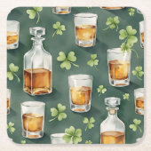 St. Patrick's Day Whiskey and Shamrocks Pattern スクエアペーパーコースター (正面)