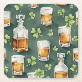 St. Patrick's Day Whiskey and Shamrocks Pattern スクエアペーパーコースター