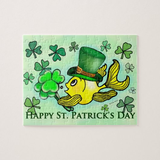 St Patrick's Green leprechaun goldfish & shamrocks ジグソーパズル (横)