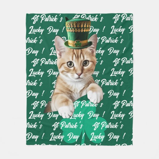 St Patrick's Lucky Day Cute Cat Leprechaun Hat, フリースブランケット (正面)