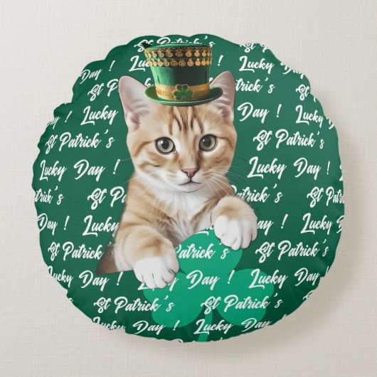 St Patrick's Lucky Day Cute Cat Leprechaun Hat, ラウンドクッション (正面)