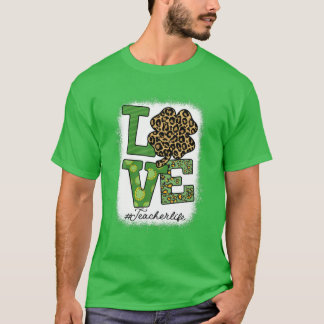 St Patricks Teacher Messy Bun Leopard Bleached Iri Tシャツ
