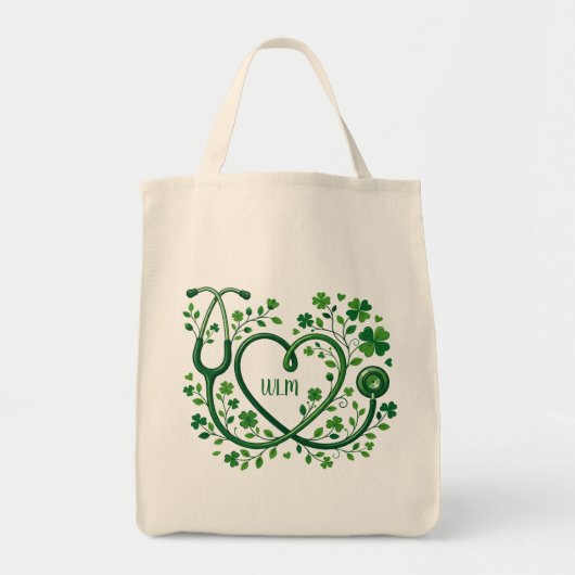 St Pattys Heart Clover Stethoscope Nurses Initials トートバッグ (正面)