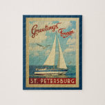 St. Petersburg Sailboat Vintage Travel Florida ジグソーパズル<br><div class="desc">This Greetings From St. Petersburg Florida vintage travel nautical design features a boat sailing on the water with seagulls and a blue sky filled with gorgeous puffy white clouds.</div>