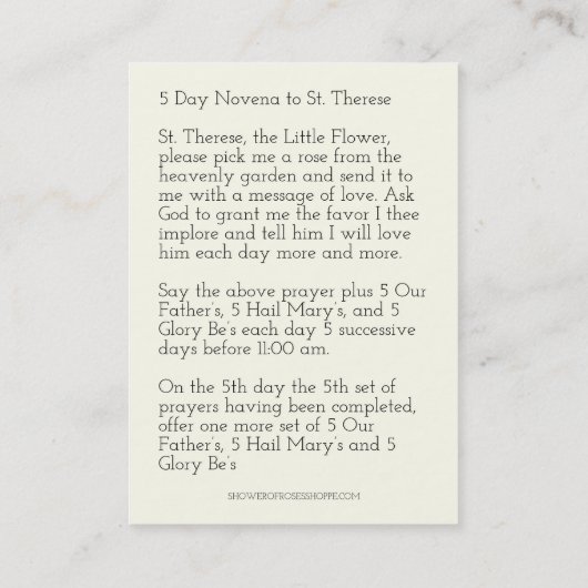 St. Therese Little Flower Novena Holy Card 名刺 (裏面)