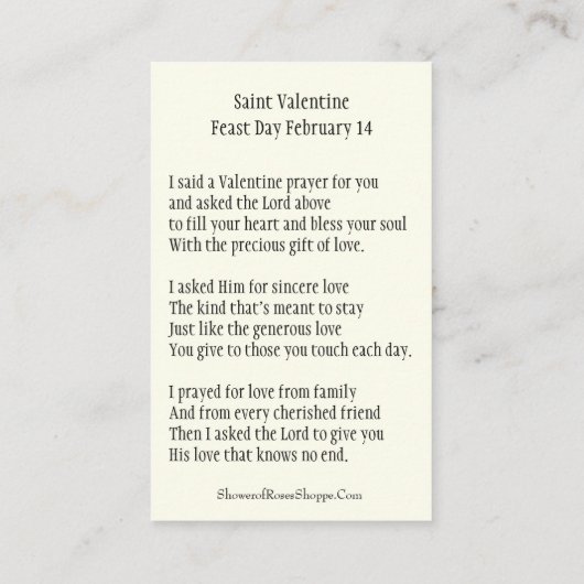 St. Valentine Prayer Poem Religious - Holy Card 名刺 (裏面)