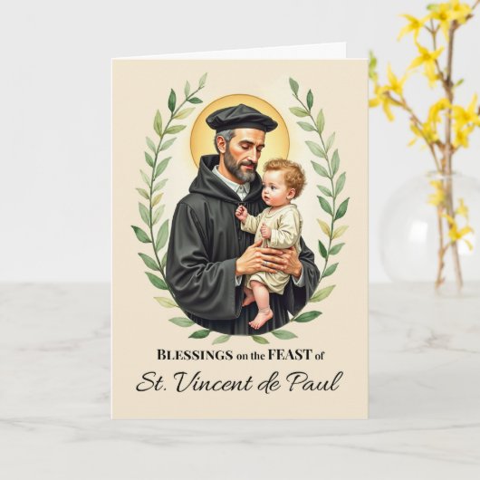 St. Vincent de Paul Feast Day Blessings Leafy Wrea カード (黄色い花)