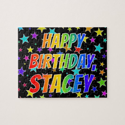 "STACEY" お名前、楽しい "HAPPY BIRTHDAY" ジグソーパズル (横)