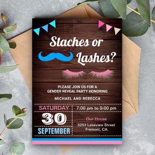 Staches or Lashes 性別発表パーティー 招待状
